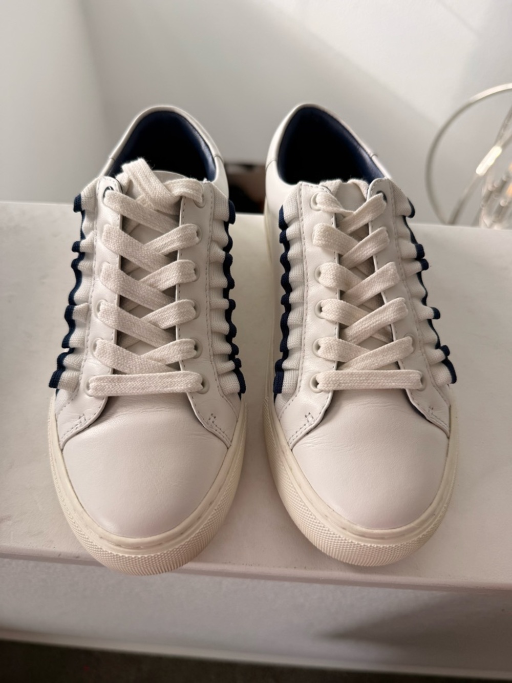 Tory Burch/Sport Ruffle Sneaker - size 6, in Snow White/Navy Sea leather.